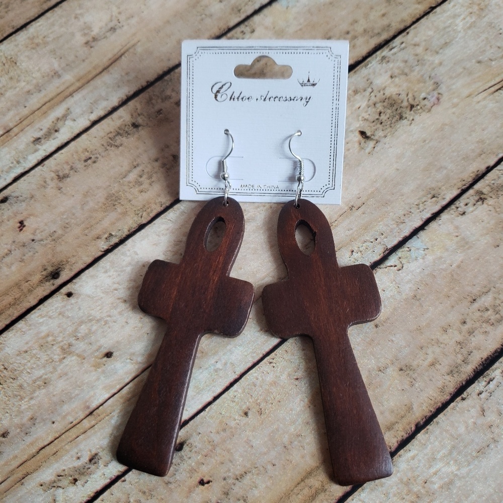 Wooden Cross Earrings